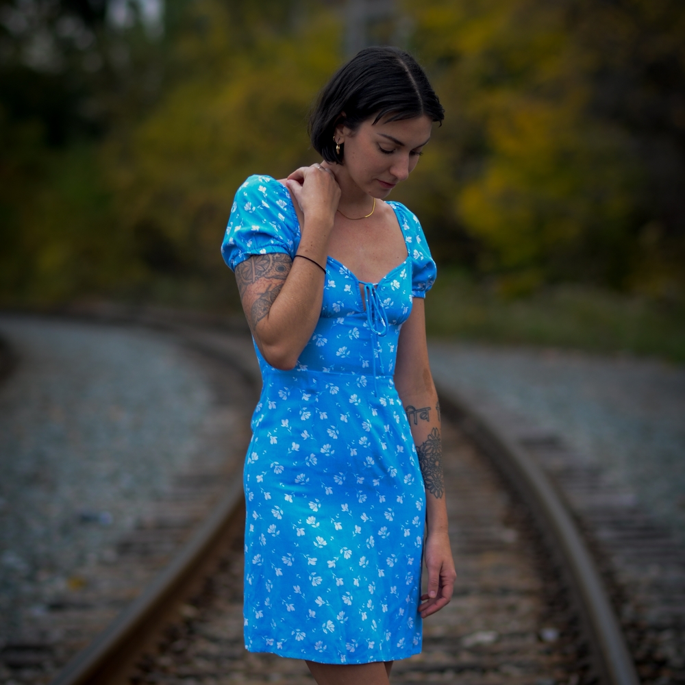 Twik Blue Sweetheart Neck Puff Sleeve Midi Dress